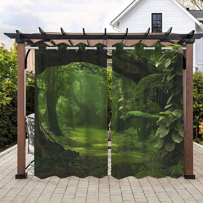 Nature Theme Waterproof Outdoor Curtains for Patio,Forest Pattern,Weatherproof Outside Curtain for Cabana, Porch, Pergola and Gazebo,2 Panels,36 x 84 inch,Green