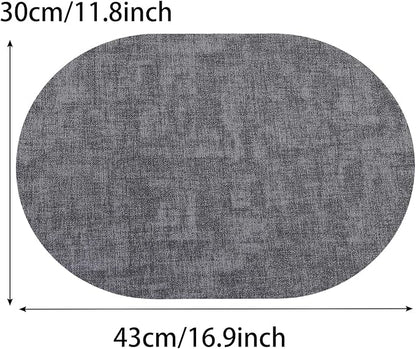 Oval Waterproof Placemats Set of 6,Black Faux Leather Placemat Non Slip Reversible,Heat Resistant Wipeable Table Placemats for Dining Table,Modern Table Protectors