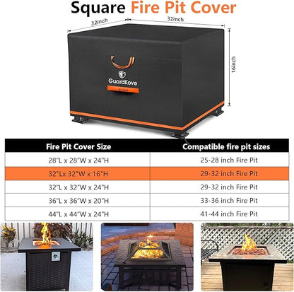 [Upgraded 1000D Heavy Duty Fabric] 32” Fire Pit Cover Square for 29”- 32” Fire Pit/Table, Waterproof Tear & Fade Resistant Firepit Cover with Buckle, Air Vents, Drawstring (32”L x 32”W x 16”H, Black)