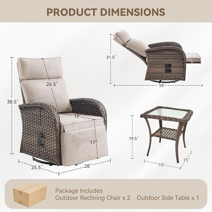 3 Pieces Zero Gravity Patio Swivel Recliner Chairs Set of 2 - Image 2