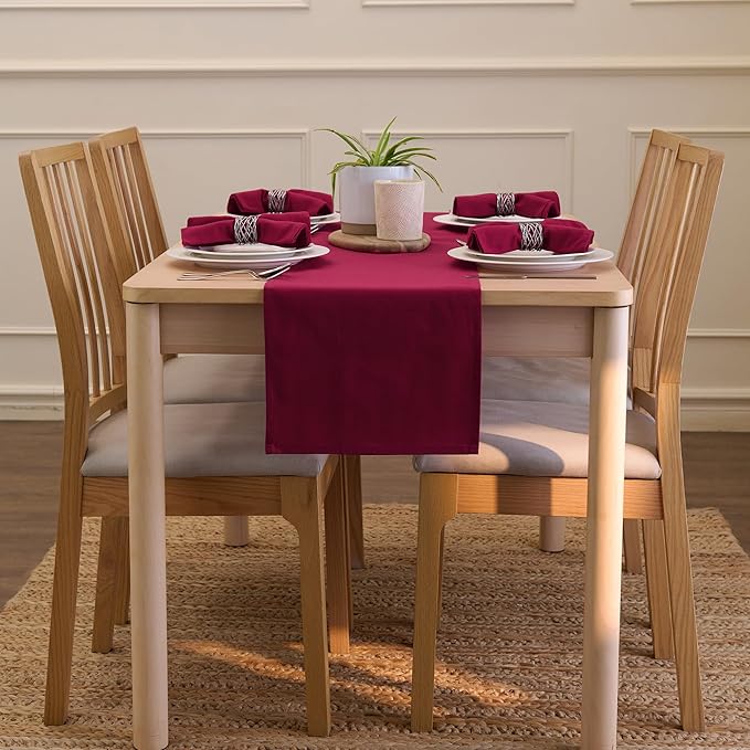 Encasa XO Table Runner 13"x48" Long | Cotton Canvas Fabric | Rich Maroon Solid Color | Machine Washable & Durable