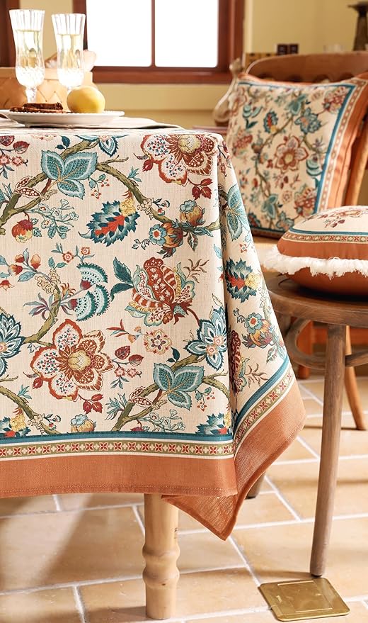 Linen Colorful Floral Small Rectangle Tablecloth,Vintage Indian Colorfast Block Print Table Cloth,Decor Table Cover for Kitchen,Dining,Party,Thanksgiving,Christmas,55"*71"-Mangala