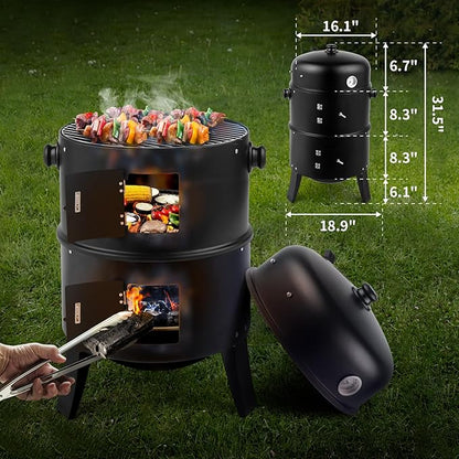 3-in-1 Vertical Charcoal Smoker Grill - Heavy Duty Portable Outdoor BBQ with Smoking Function, Built-in Thermometer, Air Vent & 2 Access Doors for Backyard Parties, Camping