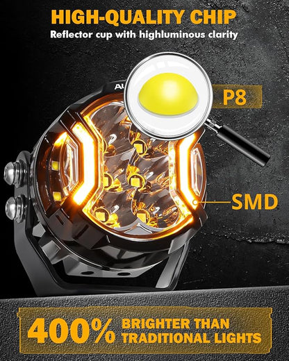 Auxbeam 3 Inch Round Driving Lights, 108W Side Shooter Offroad Pod Lights with Amber DRL, 270° Ultra-Wide Ditch Light Hyper Spot Beam Work 3 Modes White Amber Yellow Cube Pod with Covers, Pair
