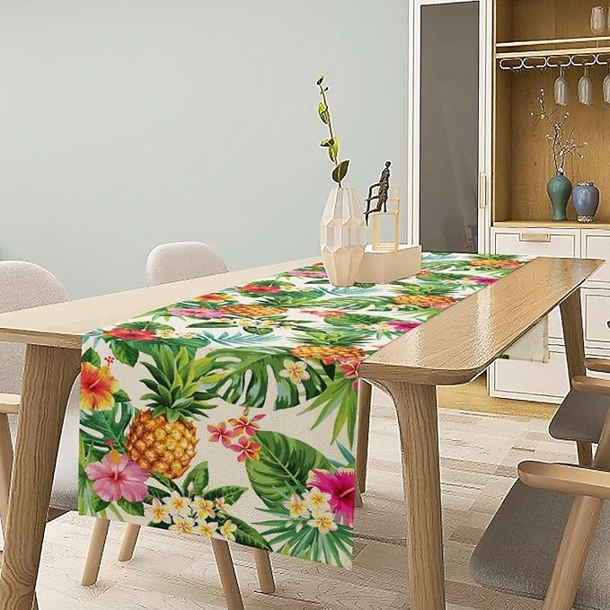 Summer Pineapple Table Runner, Tropical Palm Leaves Flowers Fruit Table Runner for Kitchen Dining Party Holiday Home 13x60in