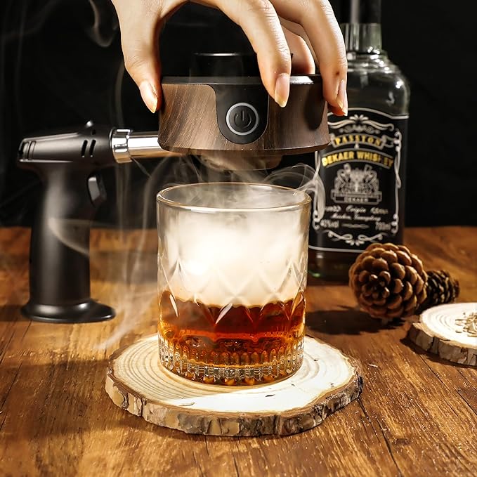 Electric Whiskey Smoker Kit, Luxurious Wooden Box, Heartfelt Christmas Gifts, with 4 Wood Chips, Torch, Ice Molds, Recipe, Stones, Old Fashioned Bourbon Cocktails Smoker, Gifts for Men (No Butane)