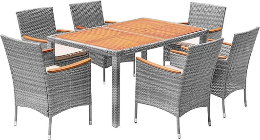 Devoko Dining 7 PCS Furniture, Patio Conversation Set with Acacia Wood Table Top, Outdoor, Beige Cushion and Grey Rattan