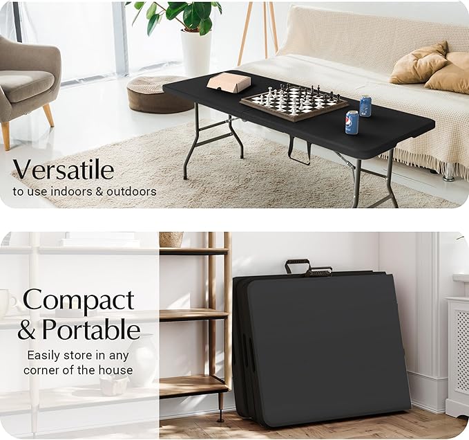 6 Foot Foldable Table with Built in Handle & Steel Legs,Heavy Duty Portable,Perfect for Party, Dining, Wedding, Events, Picnic Indoor, Outdoor, Camping, Utility, Folding(Black-1pac)