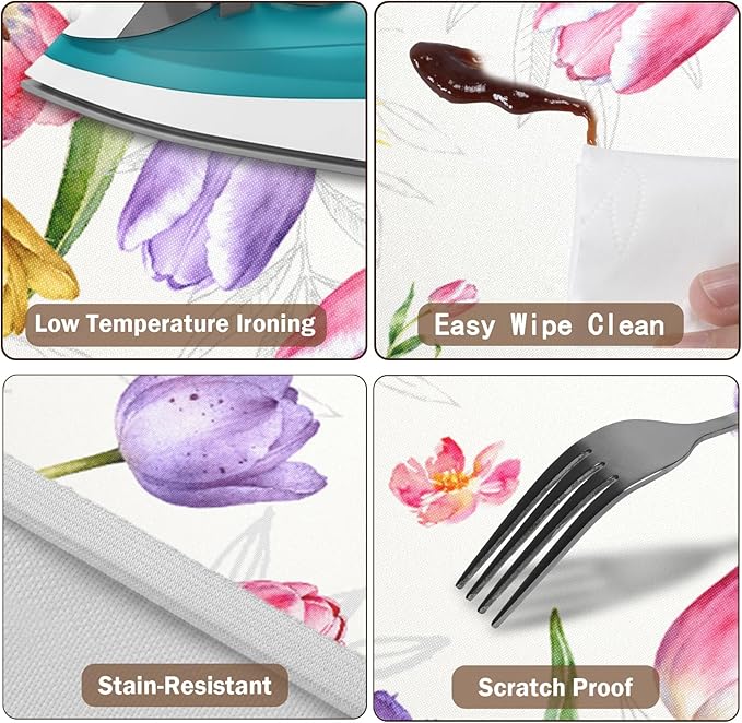 Spring Summer Easter Round Fitted Tablecloth with Elastic Edge Tulip Lavender Floral Circle Table Cloth for 48-52" Tables Wipeable Waterproof Farmhouse Flowers Table Cover for Picnic Dining Outdoor