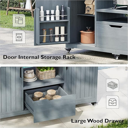 Merax 66.5" Outdoor Grill Table for Big Green Egg, Farmhouse Kitchen Island on Wheels with Stainless Steel Tabletop, Drawer and Spice Rack, Solid Wood Outdoor Storage Cabinet for Backyard, Grey Blue