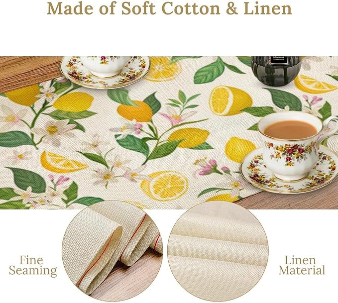 Yellow Lemon Table Runner,Spring Floral Summer Fruits Print Table Decoration for Farmhouse Kitchen Dinner Dining Table Holiday Party Home Decor 13x120in