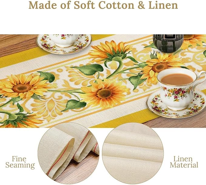 Yellow Sunflower Table Runner, Spring Summer Seasonal Floral Farmhouse Rustic Vintage Flower Print Table Cover for Home Kitchen Dining Table Decor Party, 13x90inch