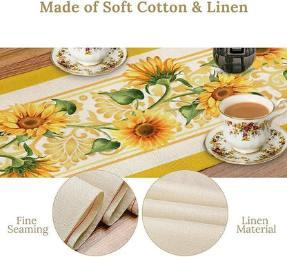 Yellow Sunflower Table Runner, Spring Summer Seasonal Floral Farmhouse Rustic Vintage Flower Print Table Cover for Home Kitchen Dining Table Decor Party, 13x90inch