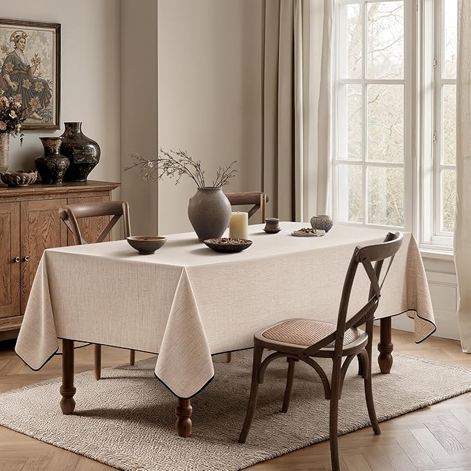 MIULEE Ivory-Black Linen Polyester Tablecloth 60x84 Inch Spring Rectangle Table Cloth Waterproof,Stain Resistant & Wrinkle Resistant for Dining Party Wedding