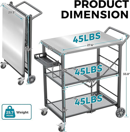 Ciokea Folding Outdoor Grill Cart with Wheels, 3-Shelf Grill Table with 27x18IN Stainless Steel Top, Rolling Pizza Oven Stand, Metal Portable Cart for BBQ Patio Camping (Grey)