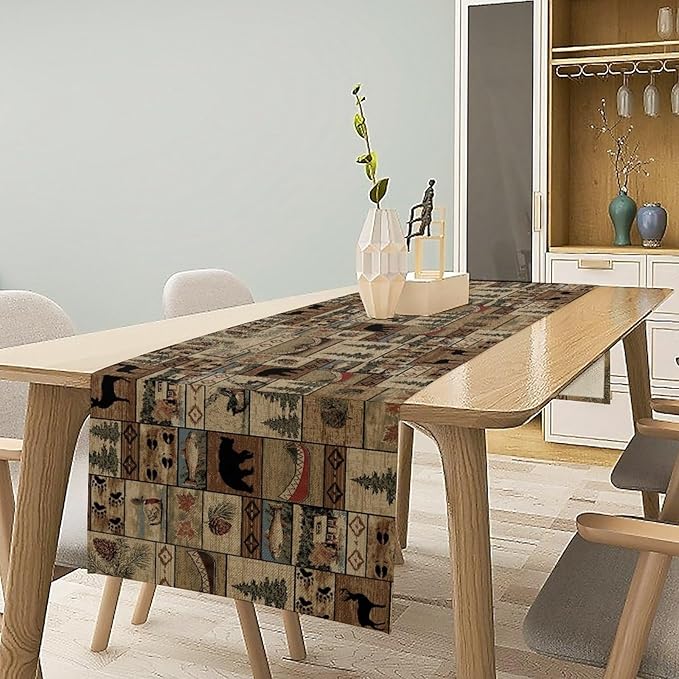 Rustic Deer Bear Table Runner, Vintage Bear Country Cabin Farmhouse Table Runner for Home Kitchen Dining Table Decoration 13x70in