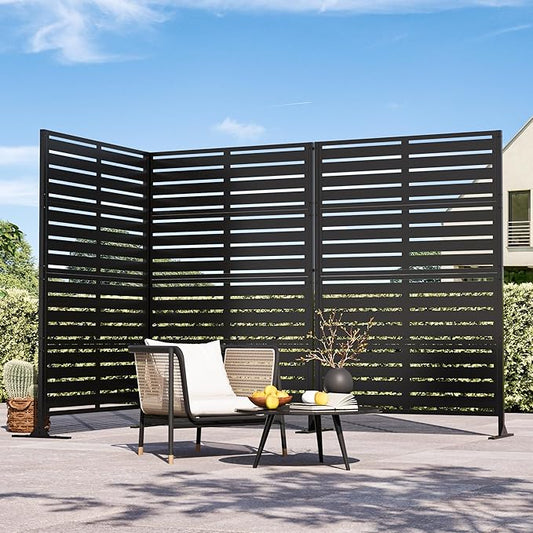 Modern Shade Metal Privacy Screen Outdoor 72" H x 48" W, Stable & Durable Privacy Fence Panels for Instant Privacy & Space Division, Freestanding Decorative Patio Screens for Outdoor, Black (3 Panel)