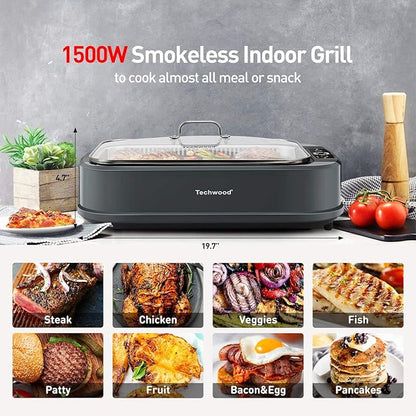 Indoor Grill, Techwood 1500W Smokeless Electric Grill with 2 in1 Nonstick Grill/Griddle Plates, Portable Korean BBQ Grill with 6-Level Control, Glass Lid, Dishwasher Safe, Double Plates, Gray