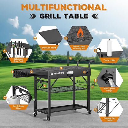 Outdoor Grill Cart, 440lbs Outdoor Grill Table, 31x17 inch Blackstone Griddle Stand, Portable Folding Cart with Wheels, 2-Tier Storage Rack & Side Storage Box (Black)