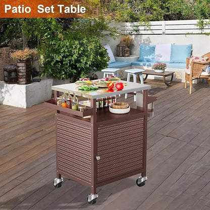 Outdoor Pizza Oven Table,Outdoor Table with Waterproof Cover, Movable Pizza Oven Stand Tables (Brown)