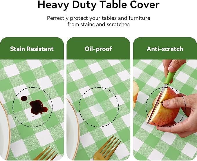 Romanstile Square Vinyl Tablecloth, 100% Waterproof Buffalo Gingham Plastic Table Cloth, Heavy Duty Wipeable Checkered Table Covers for Outdoor, Camping, Picnic, Patio - 54 x 54, Light Green