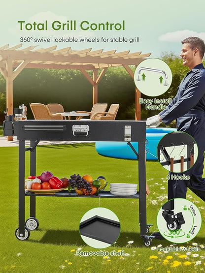 Grill Cart, Portable Outdoor Grill Table for Blackstone Griddle, Foldable Cart Table with Wheels, Griddle Stand with Paper Towel Holder, BBQ Prep Tables with Seasoning Tray