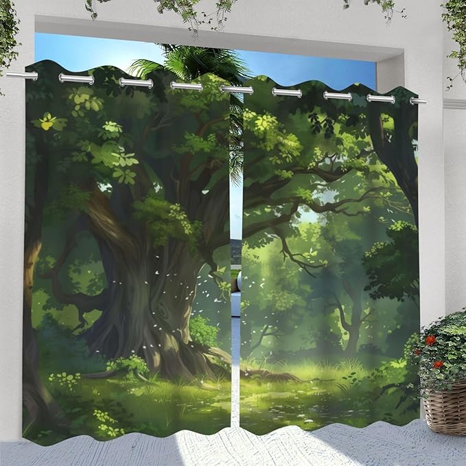 Nature Theme Waterproof Outdoor Curtains for Patio,Forest Pattern,Grommet Curtain for Bedroom, Porch, Living Room, Pergola, Cabana,2 Panels,W54 x L84,Green