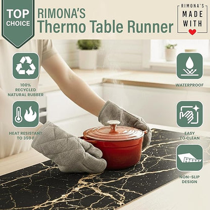 RIMONA'S Thermo Heat Resistant Table Runner and Trivet for Hot Dishes - Waterproof Hot Plates to Protect Table and Countertop - Kitchen & Dining 350F Heat Protector 40" - Black Golden Marble
