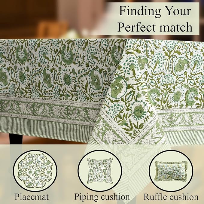 CPC Cotton Tablecloth 80x120 Inch Rectangle Indian Block Print Tablecloth- Green Washable Wedding Table Cover for Thanksgiving/Christmas- Agate Green