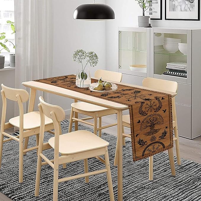 Viking Table Runners, Viking Tree of Life Raven Helmet of Awe Wood Print Table Runner for Home Kitchen Coffee Dining Room Bedroom Party 13x70in