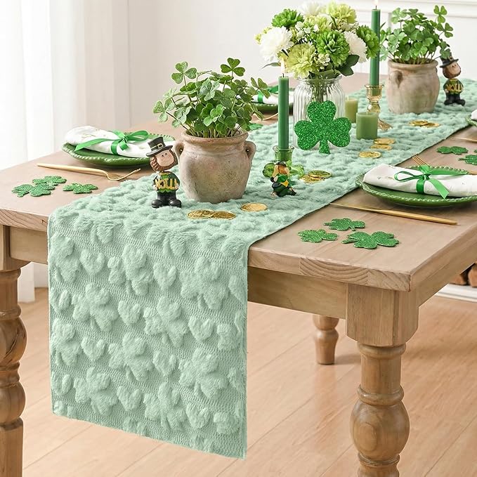 Artoid Mode Sage Green Soft Plush Faux Fur Jacquard Heart Clover St. Patrick's Day Table Runner, Seasonal Kitchen Dining Table Decoration for Home Party Decor 13x72 Inch