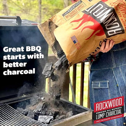 Rockwood Premium Hardwood Lump Charcoal – Oak, Hickory & Cherry Blend for Restaurant Quality Barbecue Smoking & Grilling – Smoky Flavor BBQ, Clean Burning for Kettle & Kamado Grills – 20lbs (1 Pack)