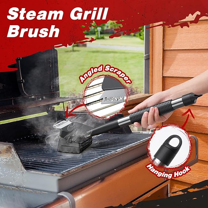 Grill Brush for Outdoor Grill - BBQ Grill Brush Bristle Free, Aramid Fiber Steam Grill Cleaner, Non Metal Bristles Barbecue Cleaner Grill Cleaning Tools, 2 Replaceable Heat-Resistant Heads (Black)