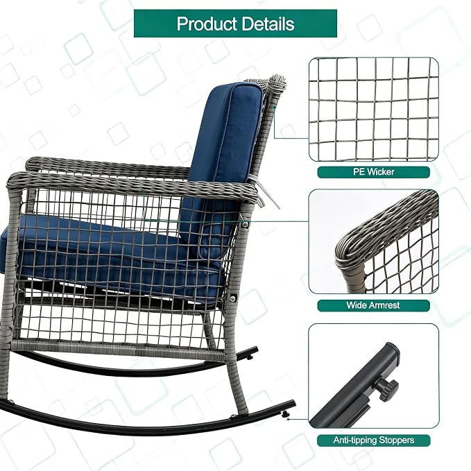 DECMICO 3-Piece Wicker Rocking Chair Set, Outdoor Patio Furniture | Navy - Image 4