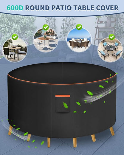 Round Patio Furniture Cover, 72 Inch Diameter Waterproof 600D Heavy Duty Table and Chair Set Protection Black