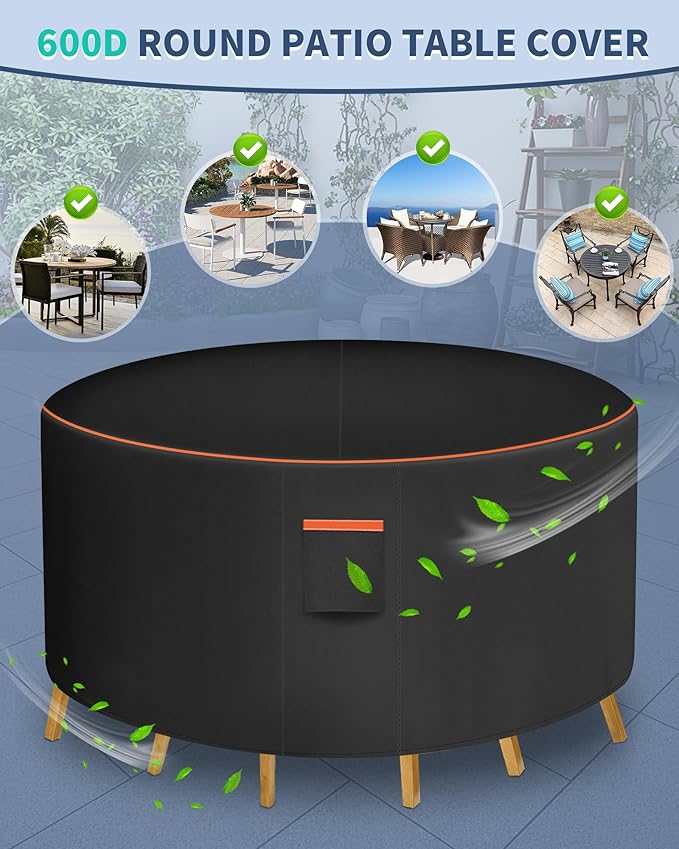 Round Patio Furniture Cover, 62 Inch Diameter Waterproof 600D Heavy Duty Table and Chair Set Protection Black