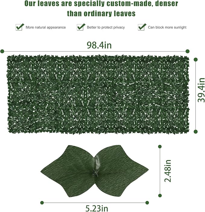 Faux Ivy Privacy Fence Screen Outdoor Expandable Artificial Greenery Roll Fake Hedge Wall Patio Green Plastic Leaf Plant Vine Grass Panels Gate Covering for Garden Yard Balcony (98.4 X 39.4 in)