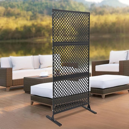 Outdoor Metal Privacy Screen with Stand, 35.4" W x 75" H Freestanding Metal Slatted Decorative Privacy Screen and Panels for Patio Garden Balcony Porch (Black Grill)