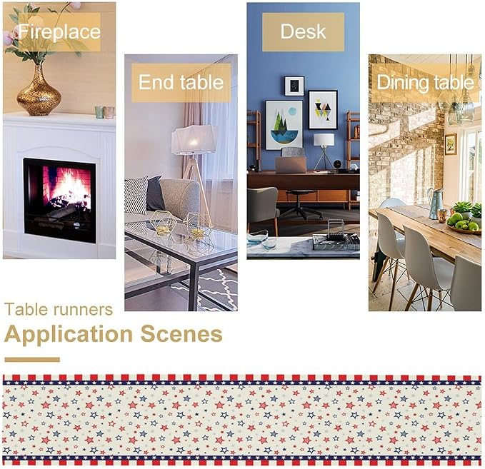 4th of July Table Runner, America Memorial Day Independence Day Stripe Stars Patriotic Table Runner for Home Kitchen Dining Indoor Holiday Farmhouse 13x70in