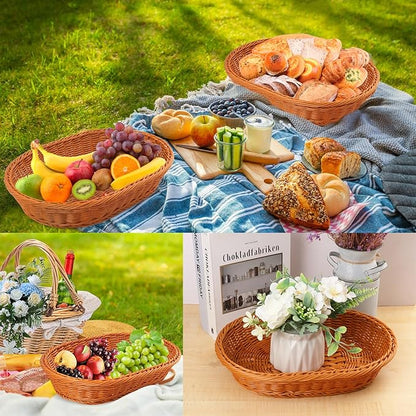 5 Pack 13.8 Inch Oval Poly Wicker Baskets, Plastic Oval Wicker Baskets, Rustic, Durable & Easy-Cleaning Wicker Bread Basket, for Home, Restaurant & Hotel Use, Brown