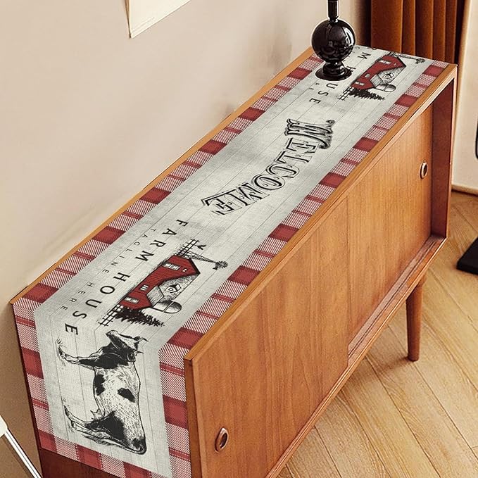 Farmhouse Cow Table Runner, Rustic Red Plaid Animals Buffalo Coffee Table Center Decor for Family Kitchen Dining Room and Living Room Outdoor Country Holiday Party Table Decorations, 13" X 90"