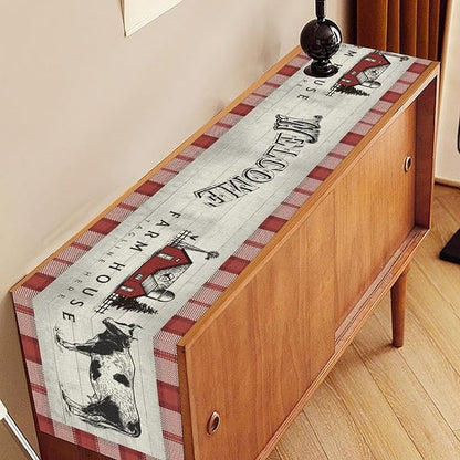 Farmhouse Cow Table Runner, Rustic Red Plaid Animals Buffalo Coffee Table Center Decor for Family Kitchen Dining Room and Living Room Outdoor Country Holiday Party Table Decorations, 13" X 36"