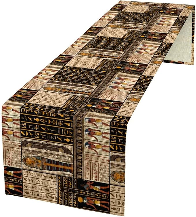Ancient Egyptian Table Runner, Vintage Abstract Mystical Hieroglyphics Culture Table Runner for Dining Coffee Party Holiday Farmhouse 13x120in
