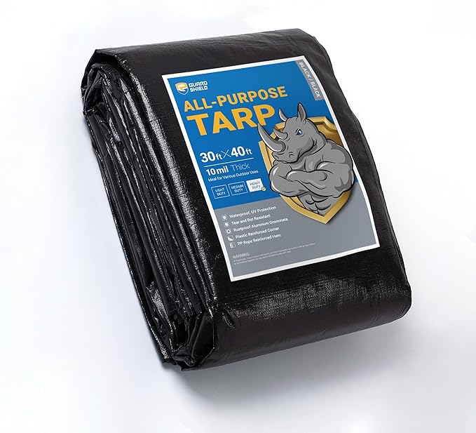 GUARD SHIELD Tarps Heavy Duty Waterproof 30x40 Feet Black Poly Tarp Cover Outdoor Thick UV Resistant Tarpaulin with Grommets 10mil