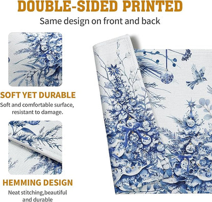 Blue and White Christmas Tree Placemats Set of 4, 12x18 Inch Chinoiserie Xmas Place Mats Winter Holiday Washable Linen Table Mats for Party Kitchen Dining Outdoor Indoor Decor