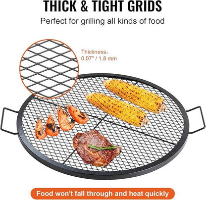 VEVOR X-Marks Fire Pit Grill Grate, Round Cooking Grate, Heavy Duty Steel Campfire BBQ Grill Grid with Handle and Support X Wire, Portable Camping Cookware for Outside Party & Gathering, 30 Inch Black