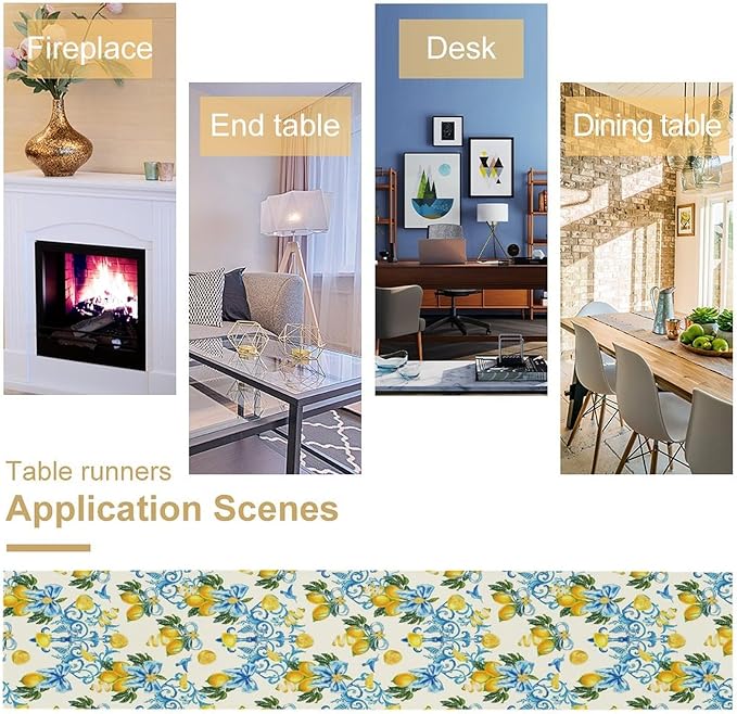 Lemon Table Runner, Summer Hummingbirds Flower Bows Print Table Runner for Farmhouse Coffee Home Kitchen Dining Outdoor Party 13x60in