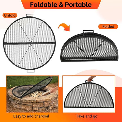 X-Marks Fire Pit Cooking Grill Grate with Support X Wire - Heavy Duty Folding Round Campfire Grill Grid - Portable Camping Cookware for Outside Party Gathering - 36 inch