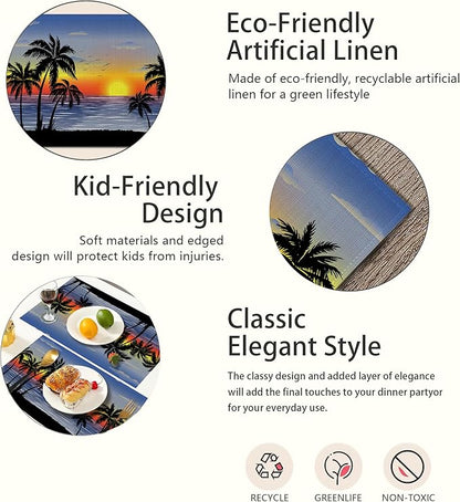 Tropical Landscape Placemats Set of 6,Palm Trees Sunset Seascape Exotic Linen Washable Kitchen Dining Table Mats Heat Resistant Place Mats for Home Party Indoor Holiday 12x18 Inch