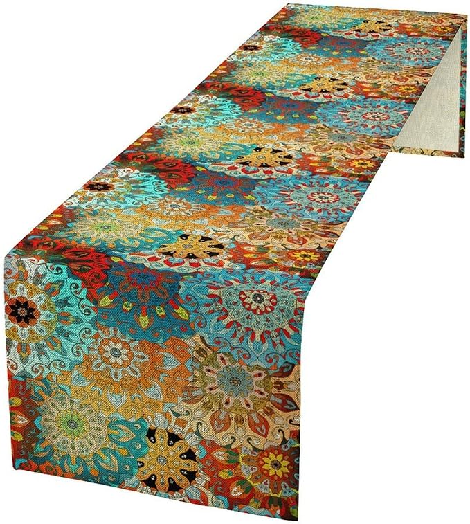 Bohemian Mandala Table Runner, Vintage Colorful Boho Geometric Floral Flower Antique Paisley Rustic Coffee Table Center Decor for Family Kitchen and Living Room Outdoor Table Decorations, 13"x108"